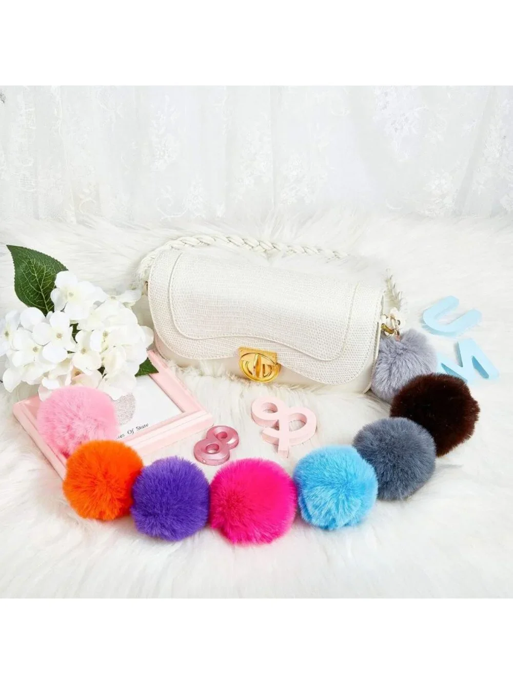 Colorful Pom Poms Keychains - 60 Pcs Fluffy Ball Bag Charms for Handbags